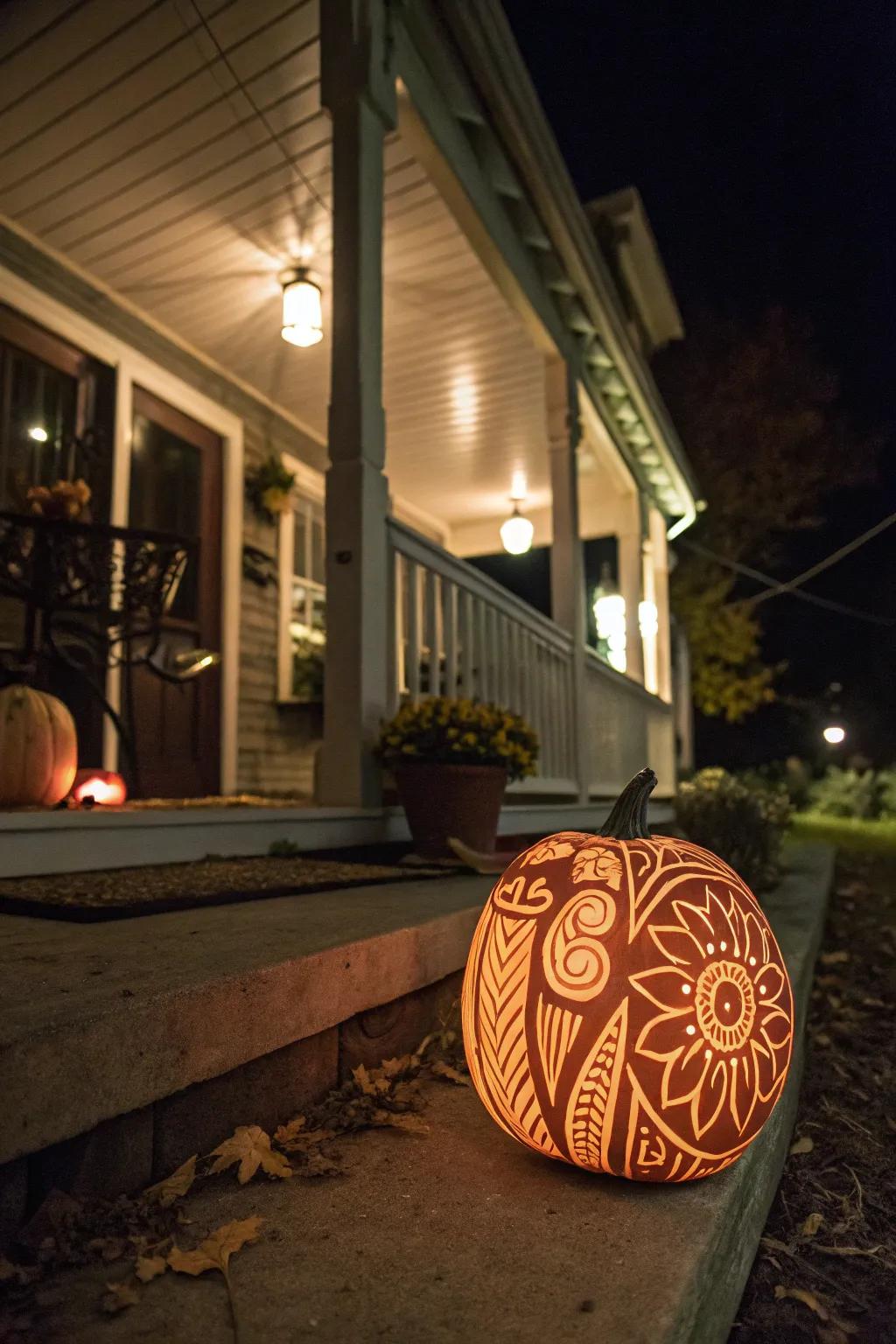 A pumpkin that lights up the night with its glow-in-the-dark design.