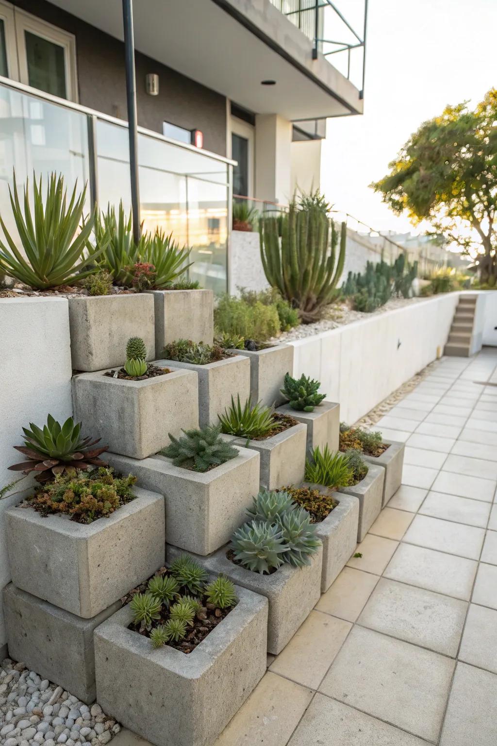 Concrete blocks constitute a minimalist, industrial-style succulent garden.