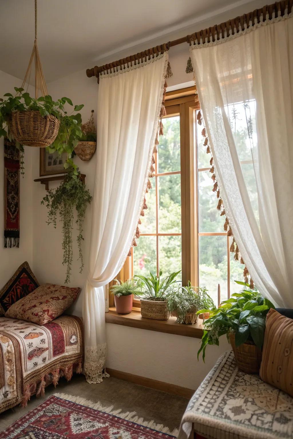 A window using a tassel-trimmed valance in a bohemian guest room.