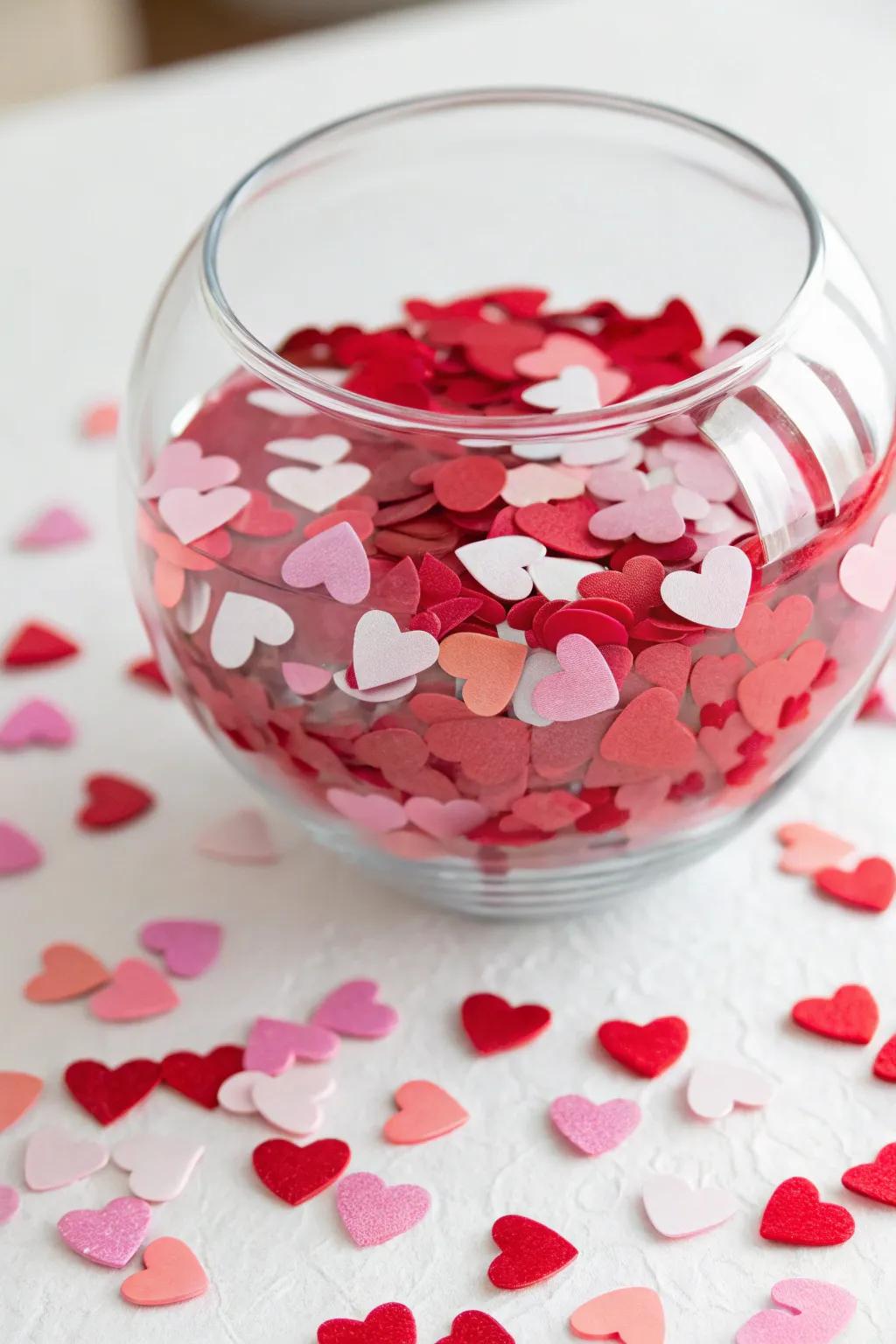 Quirky fishbowl filled with heart confetti