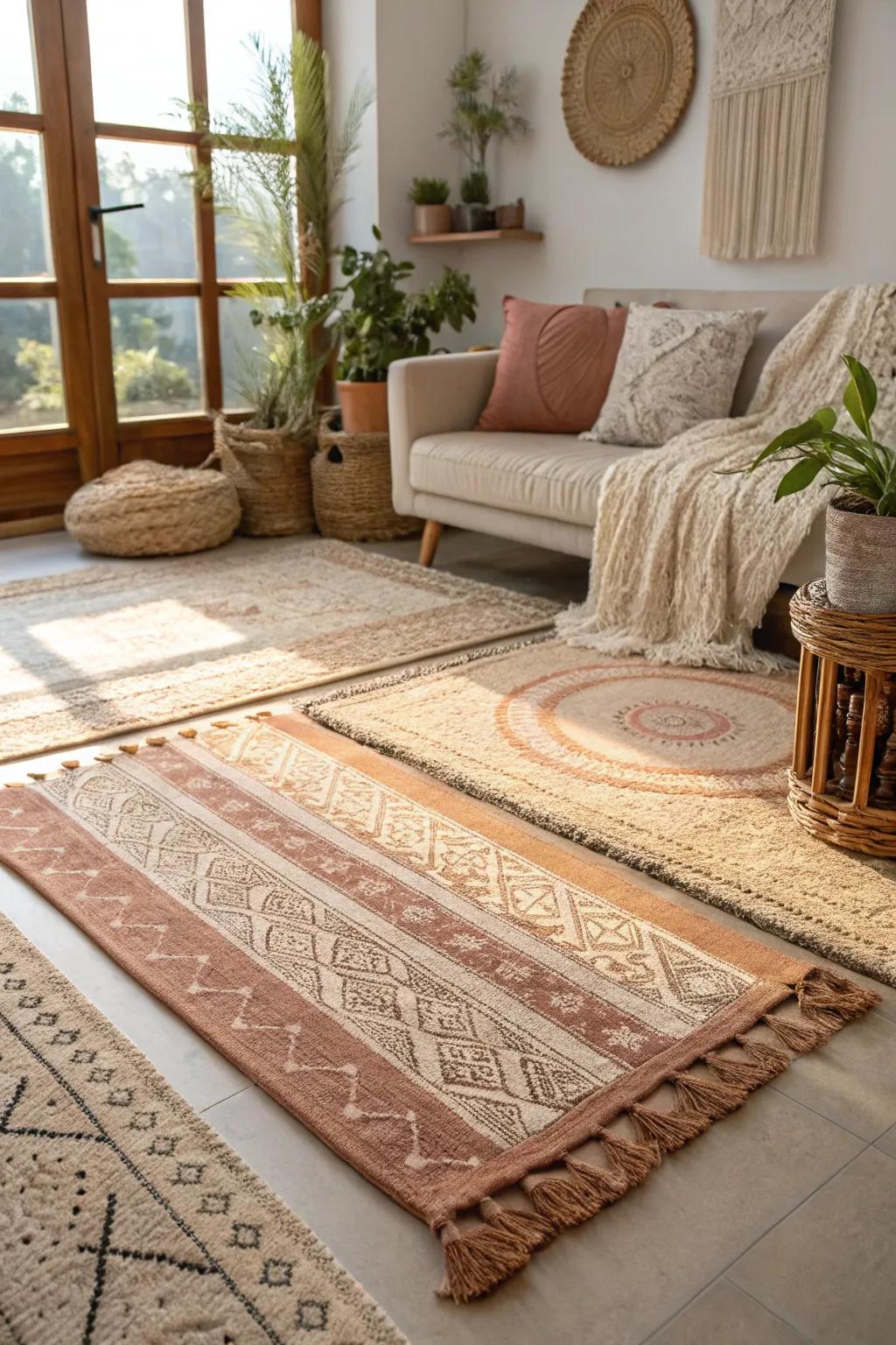 Layered rugs provide warmth and texture underfoot.