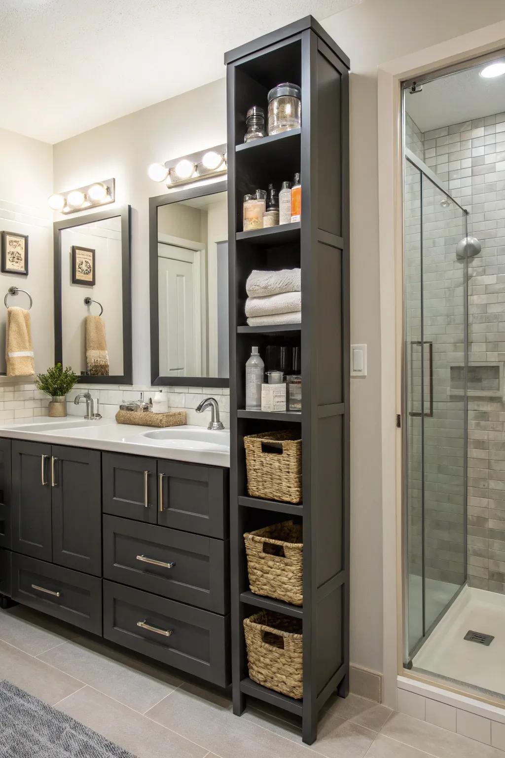 A vanity utilizing vertical storage for enhanced efficiency.