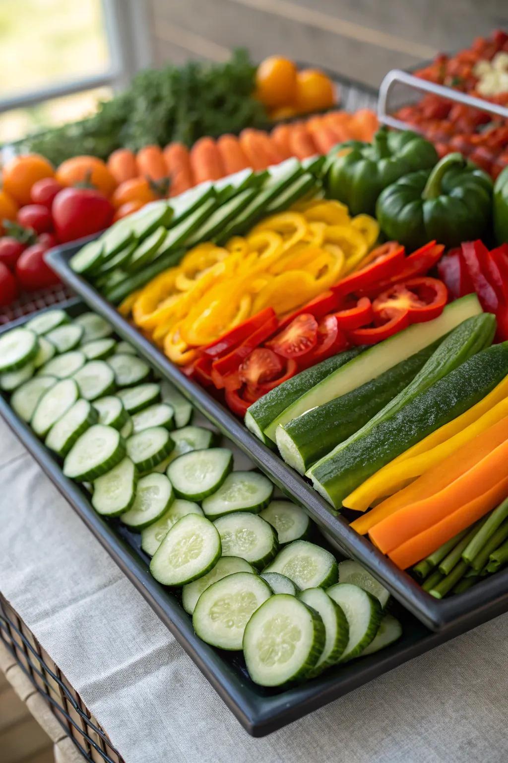Layered vegetable arrangement creating dynamic height variation.