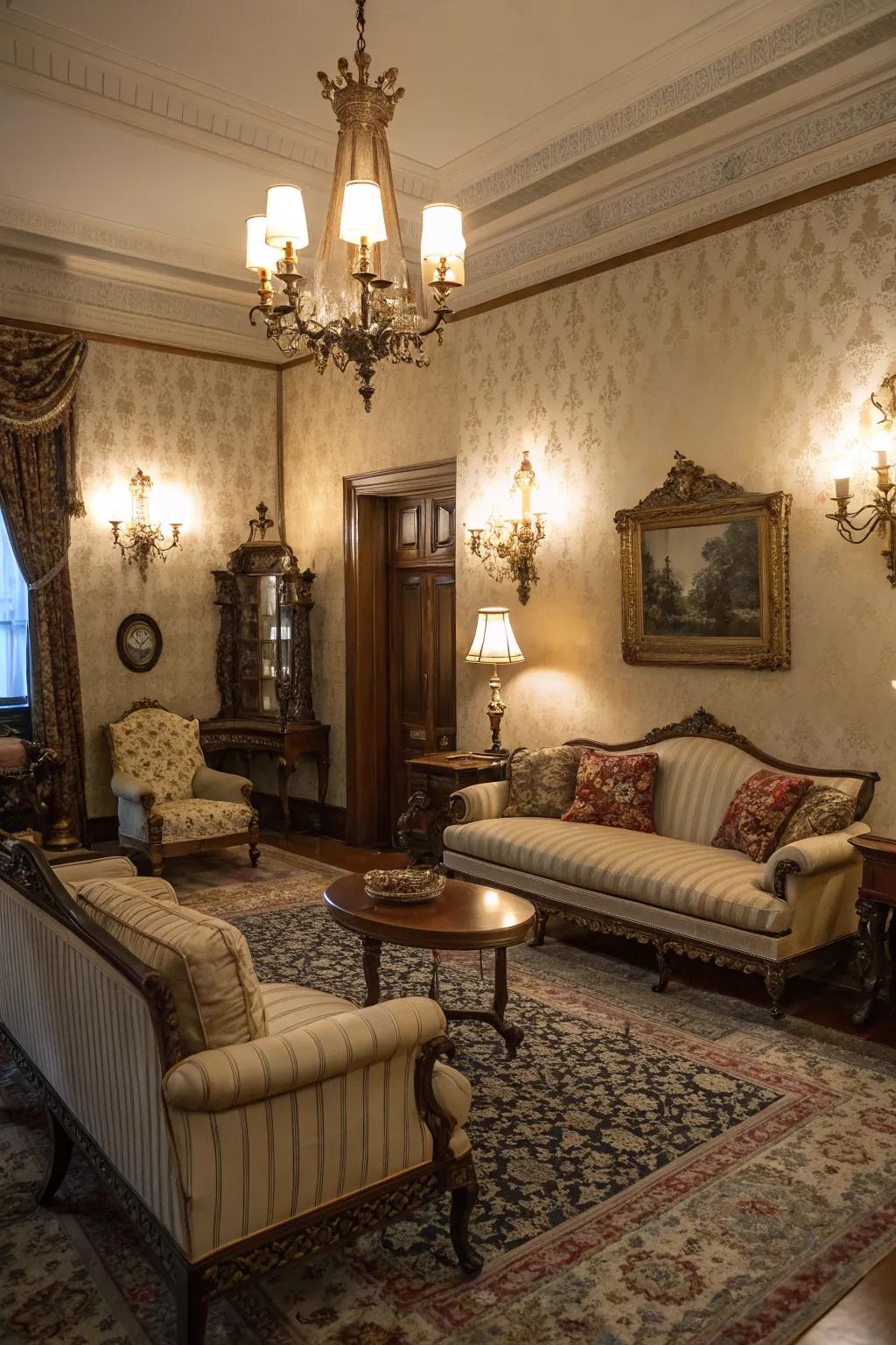 Ornamental wall sconces provide soft, ambient lighting in the living space.