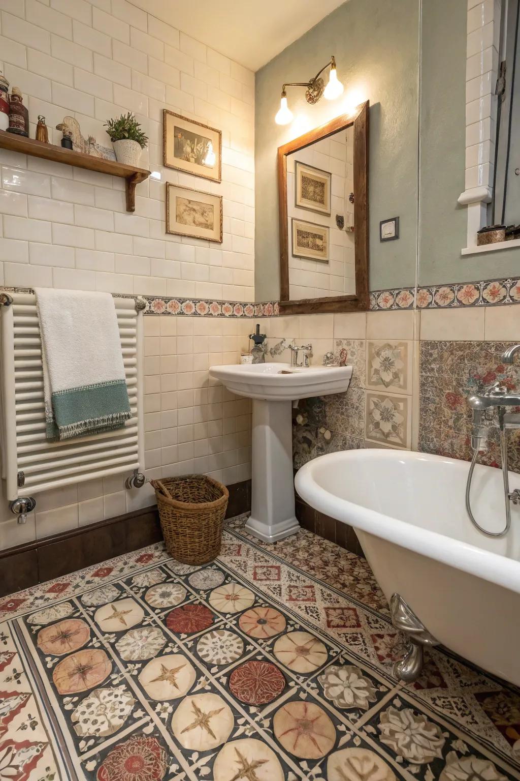 Patterned paving slabs impart a touch of whimsy to retro bathrooms.