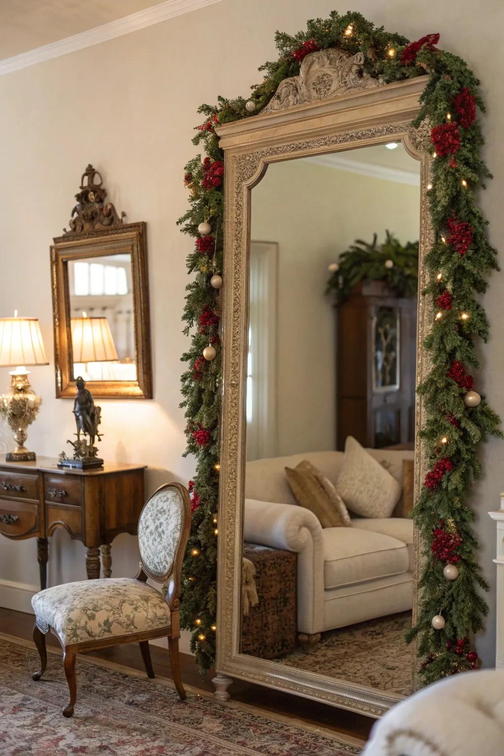 Antique mirrors reflect timeless holiday elegance.