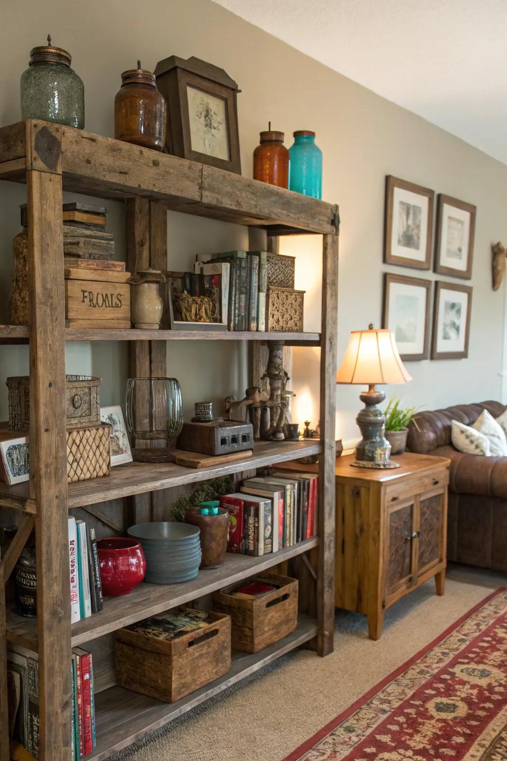 Country ledges exhibit classic collectibles within the parlor.