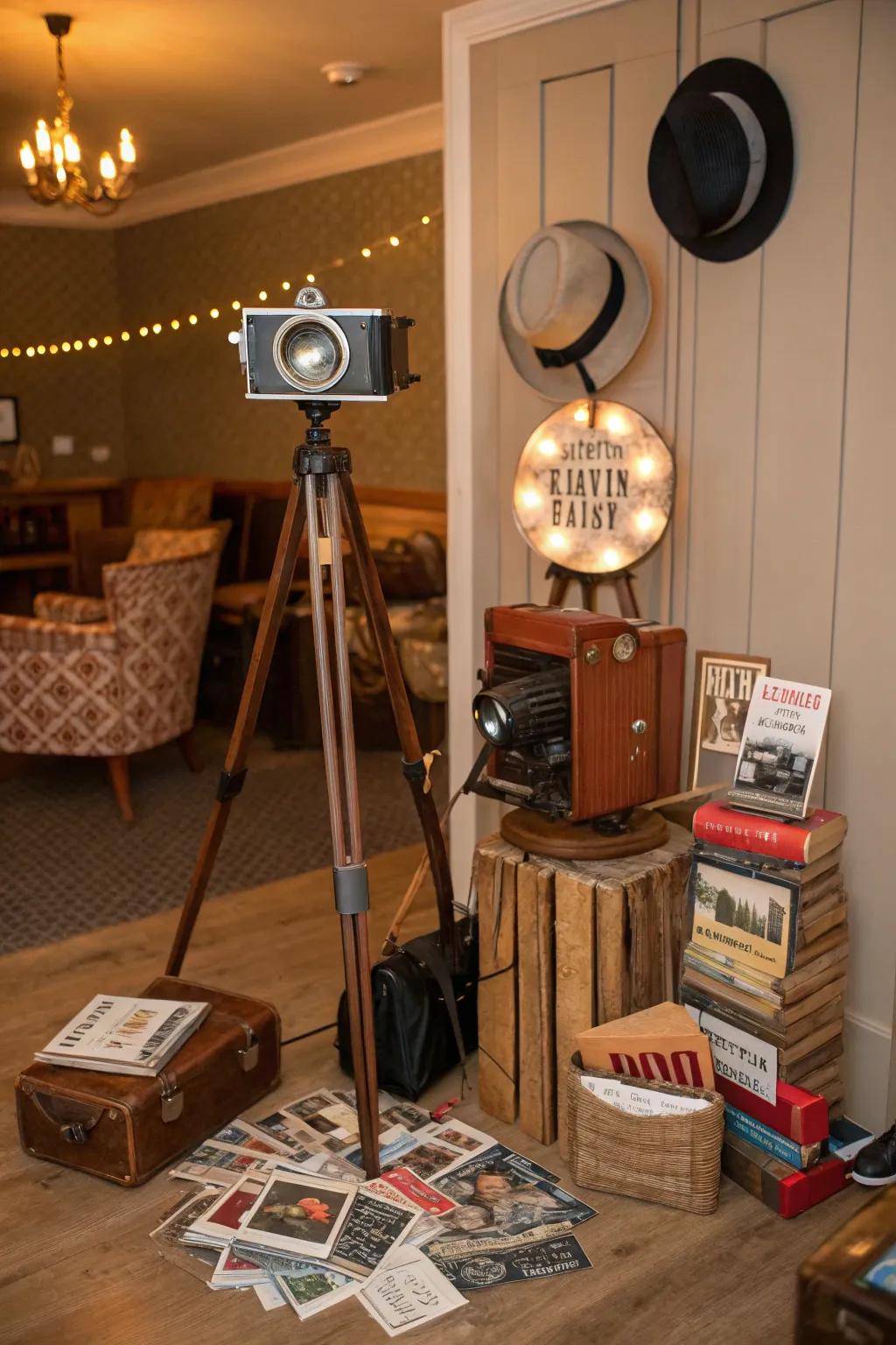 Capture memories with a nostalgic photo booth and vintage props.