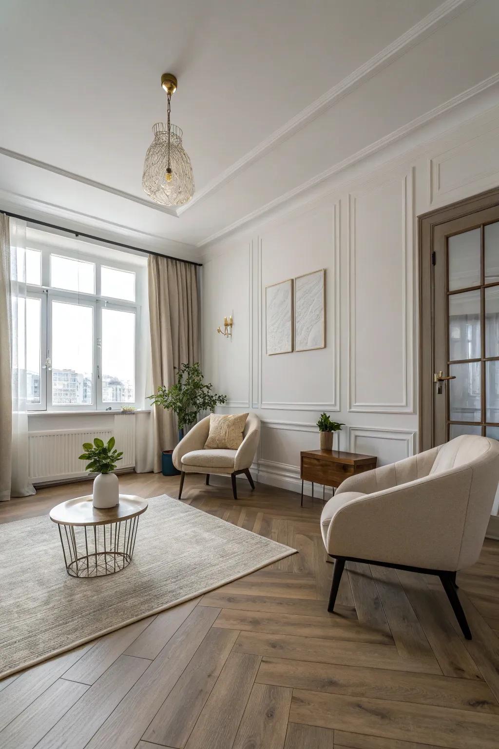 Refined minimalism with vinyl creates serene spaces.