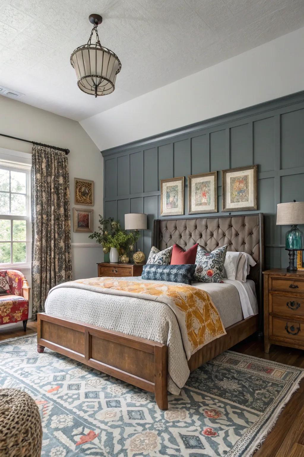 A diverse fusion of styles using paneling creates a customized and personal area.
