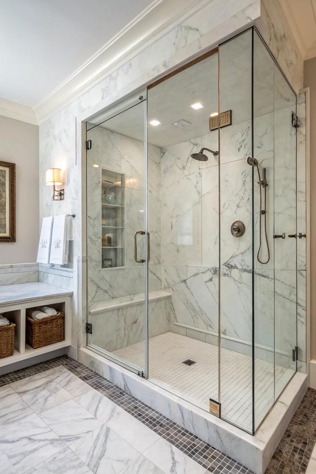 Veined tiles enhance elegance and sophistication.