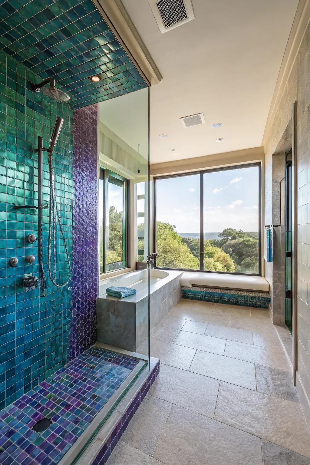 Jewel-toned tiles add drama and luxury to your shower.