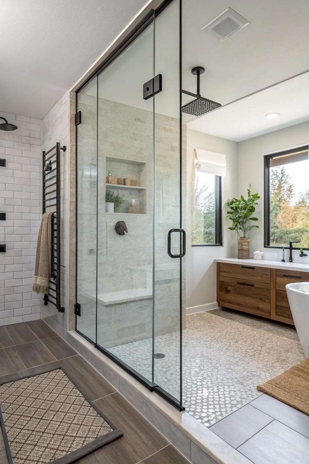 A mix of textures creates a vibrant and carefully designed look in this walk-in shower.