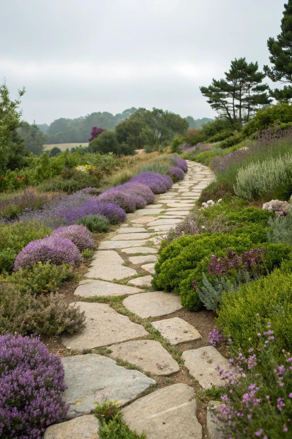 Creeping thyme paths add greenery and fragrance.
