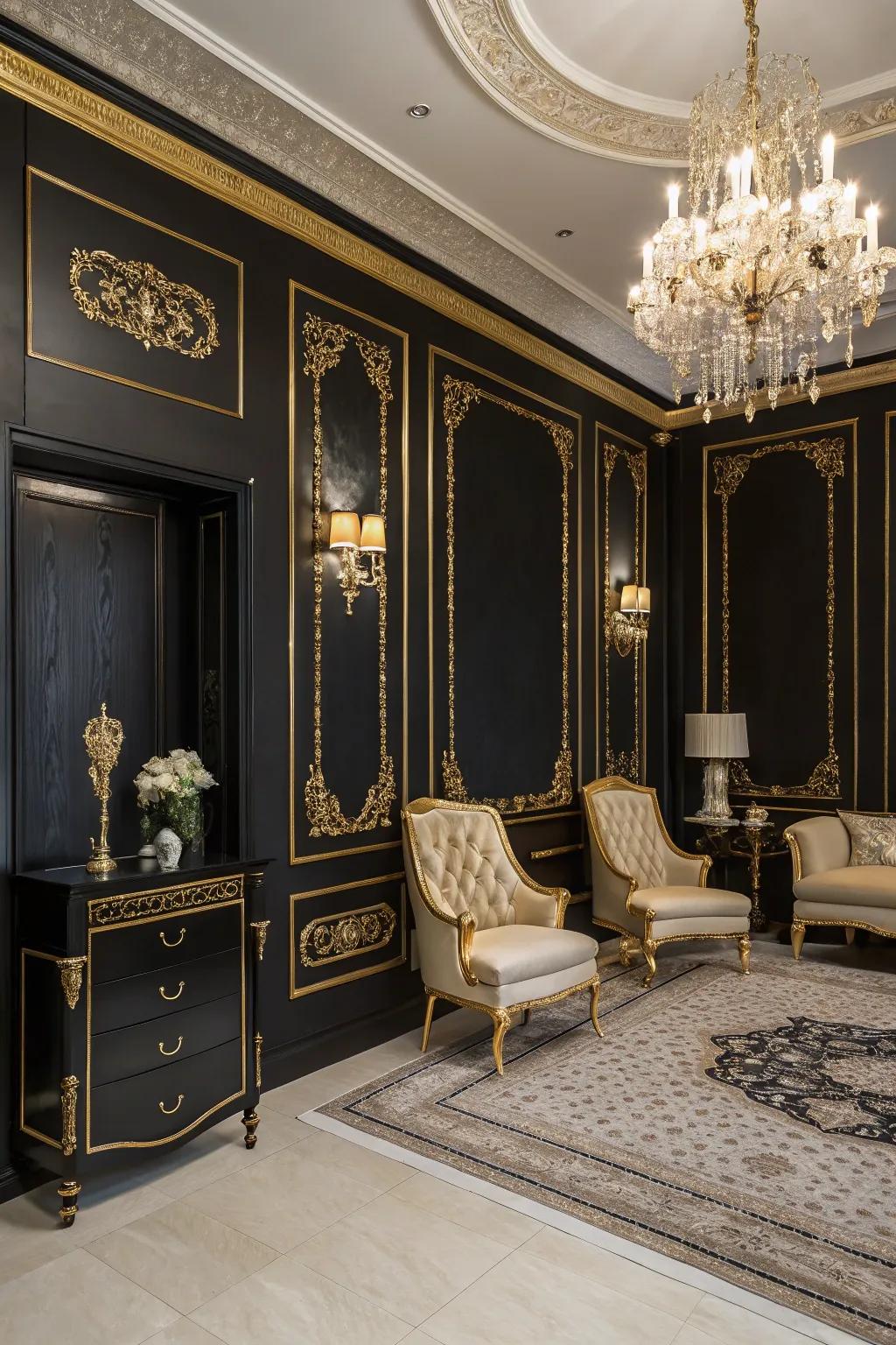 Luxury and drama with black walls and gold trim.