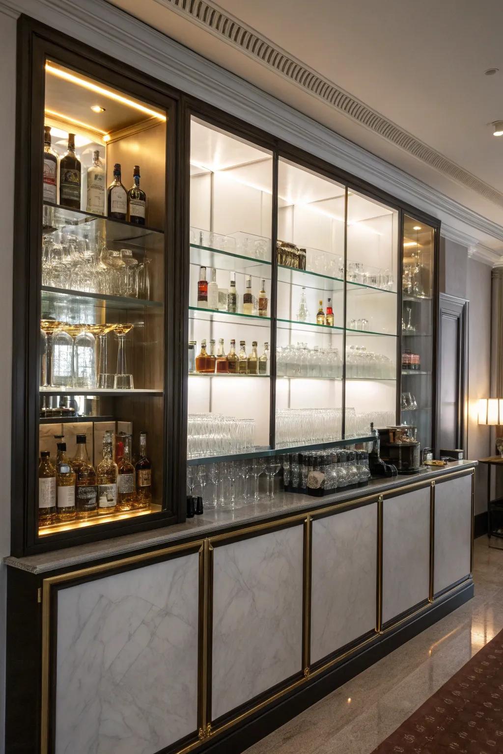 Glass display cases bring style to your bar area.