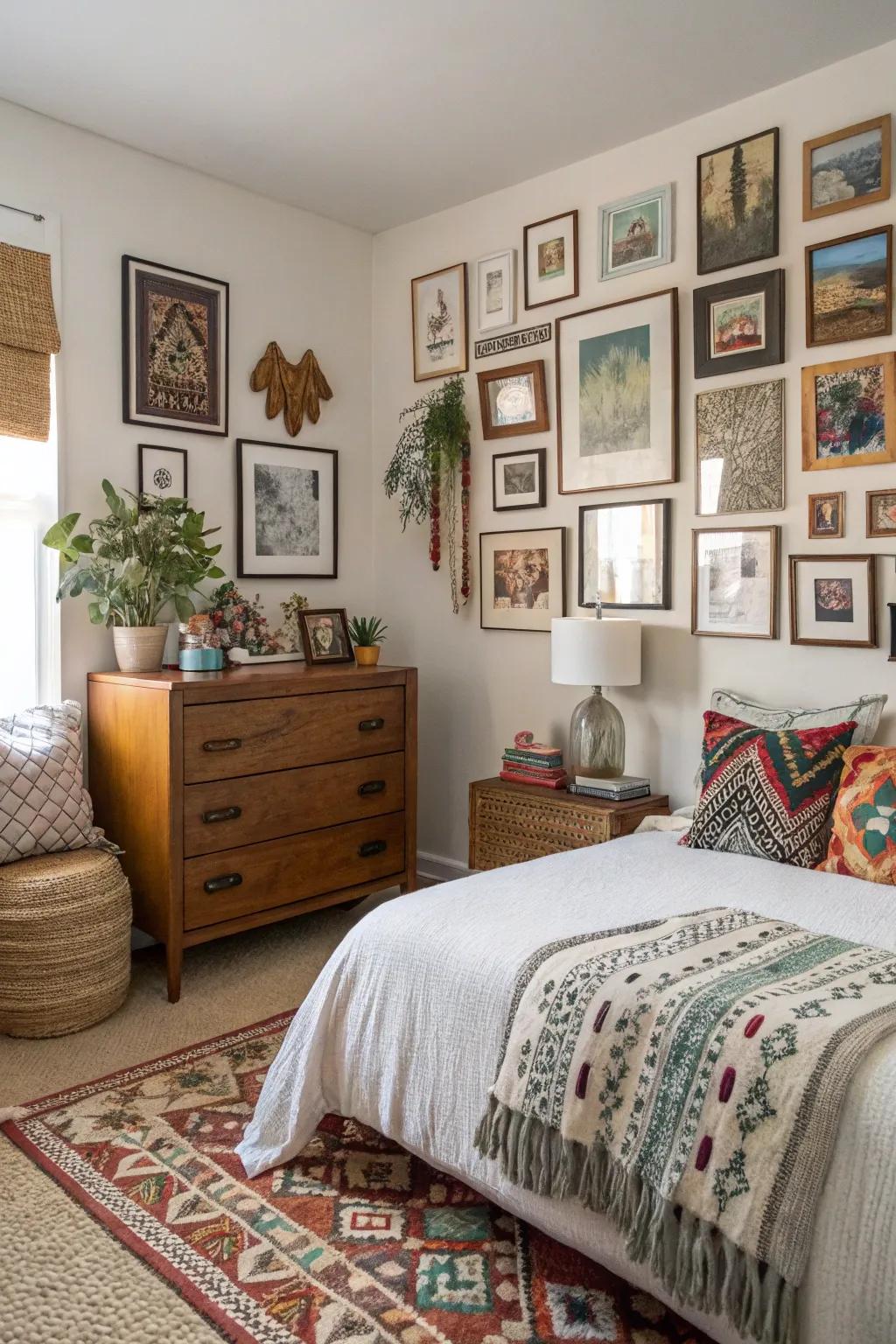 A display wall adds a personal touch to the bedroom.