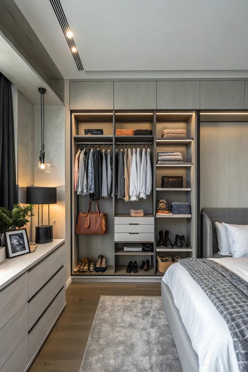 Practical and transformative, pull-out racks offer easy access to wall closets.