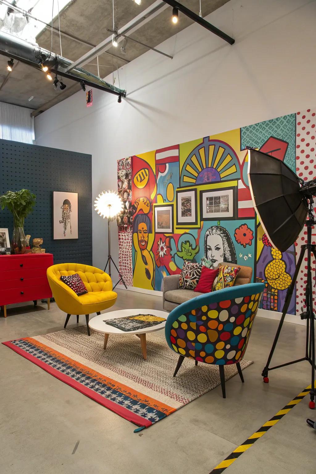 Pop art walls spread vibrant and playful vibes.