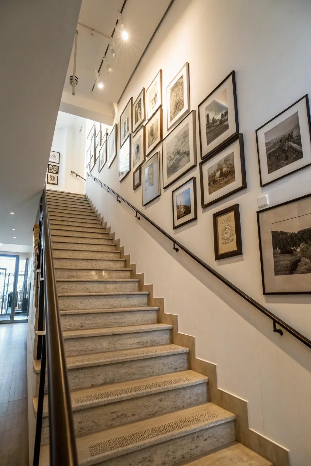 A stairway gallery aligned with the steps.