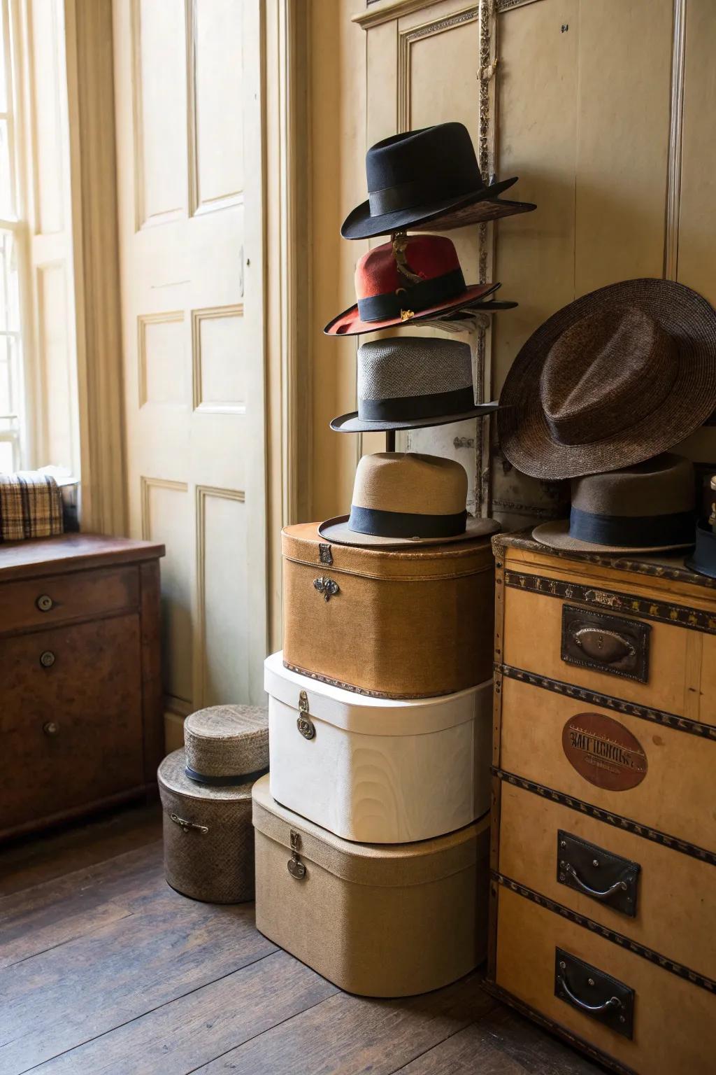 A classic hat presentation featuring vintage hat boxes