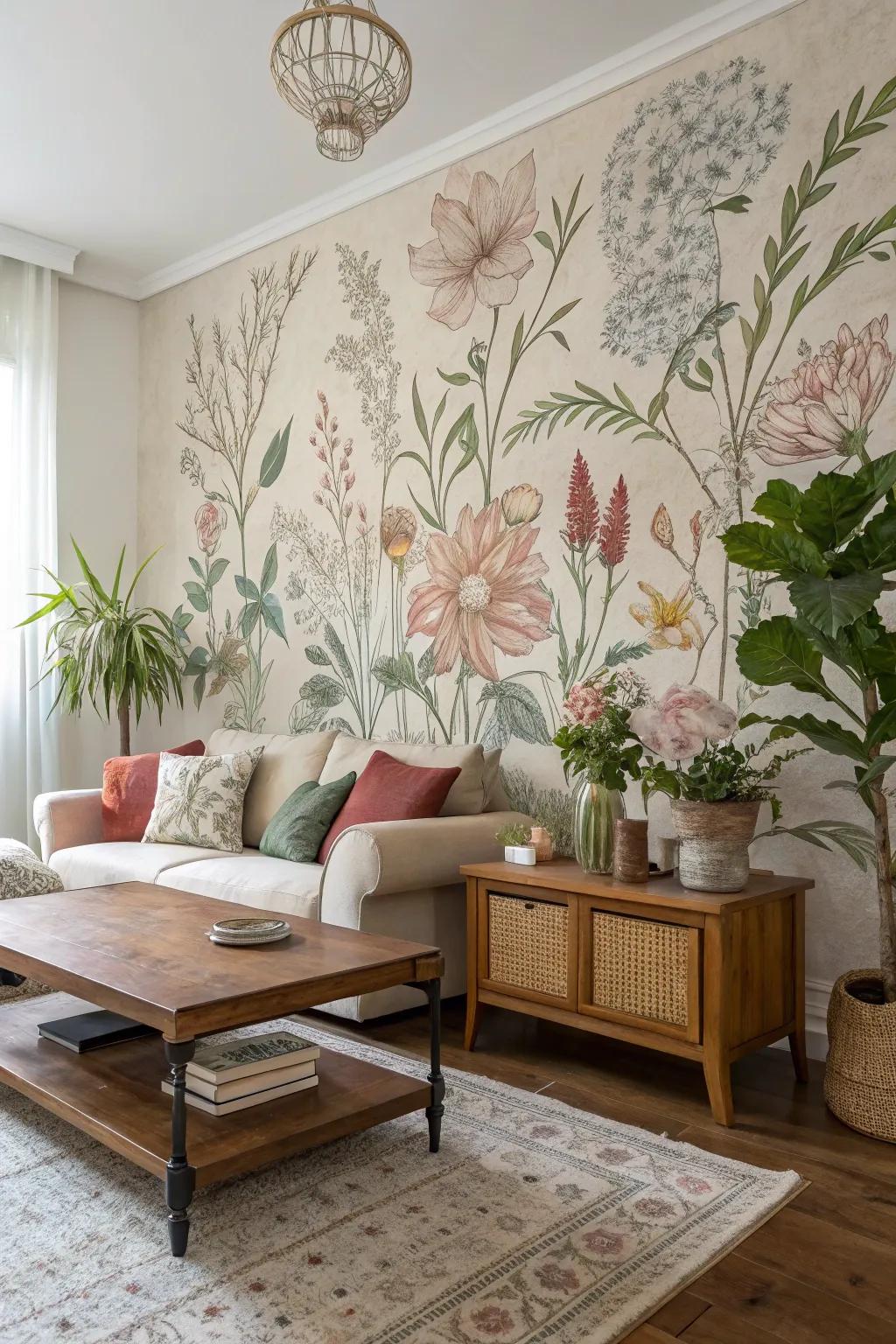 Introduce distinctiveness through a charming vintage botanical mural.