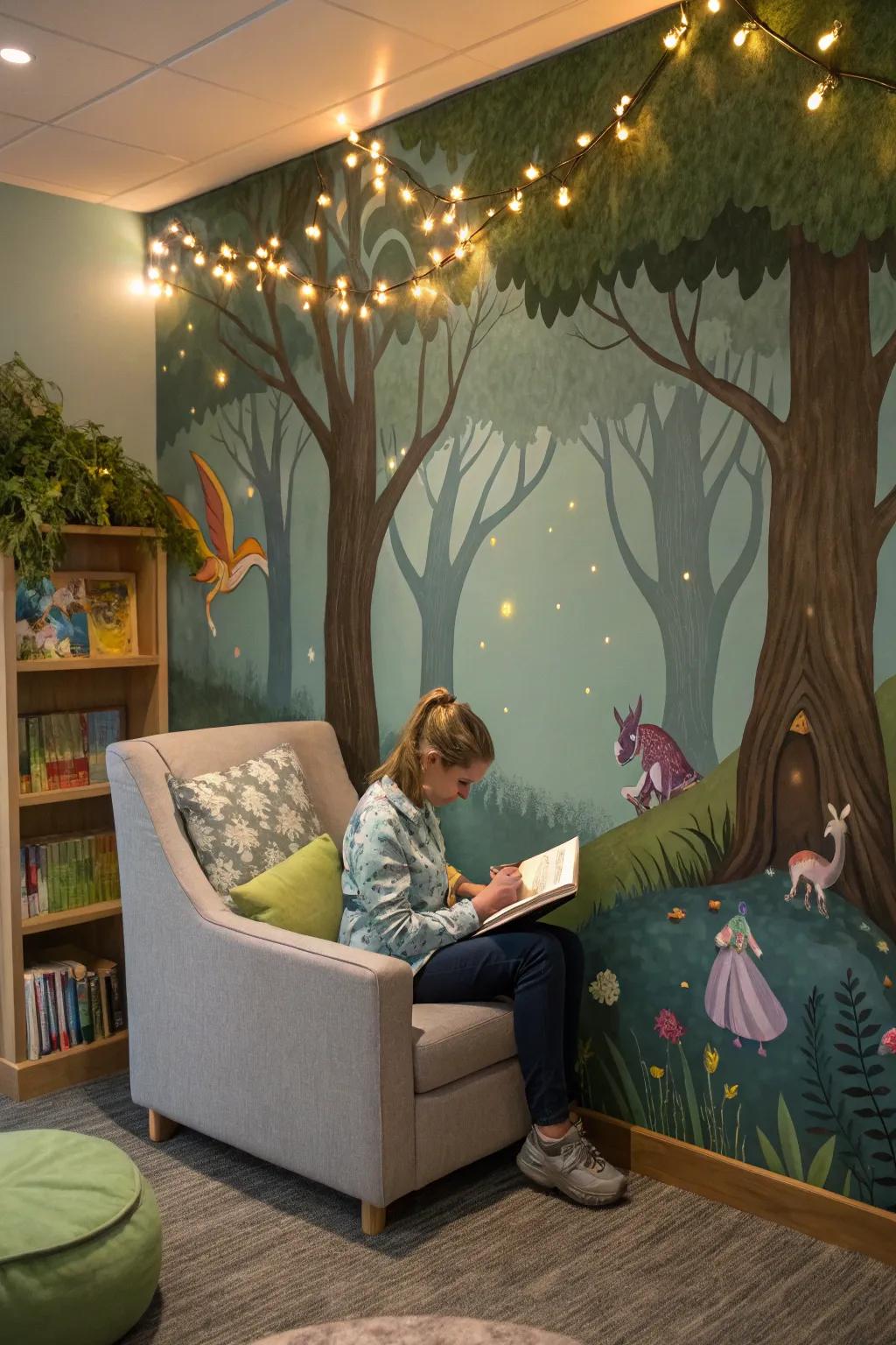 Set up a magical escape with a whimsical mural in your reading nook.