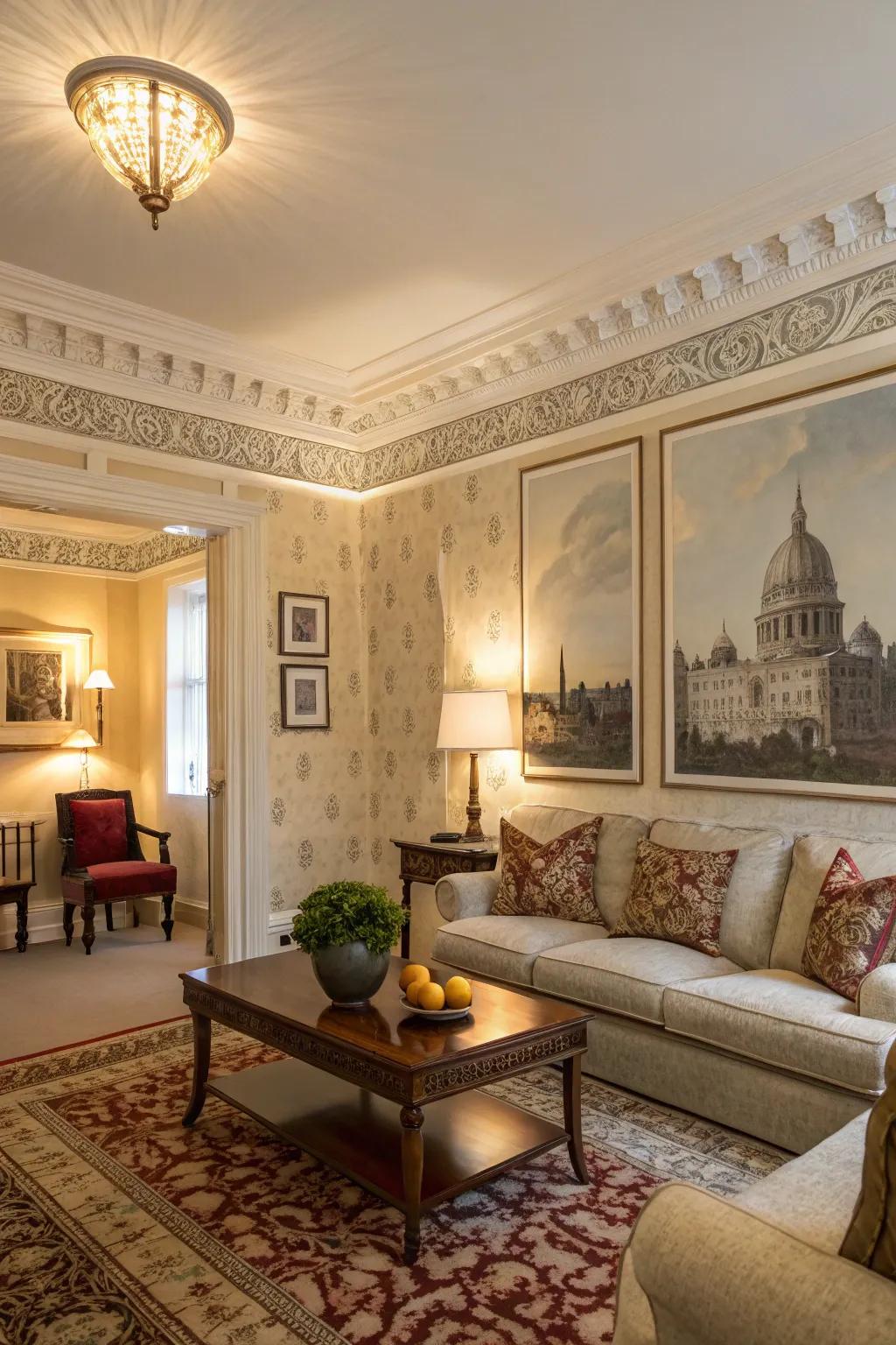 A living room where the wallpaper border accentuates architectural features.