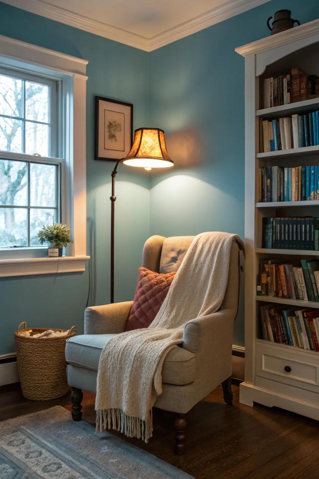 Cultivate a cozy reading nook with the comforting embrace of gentle cerulean walls.