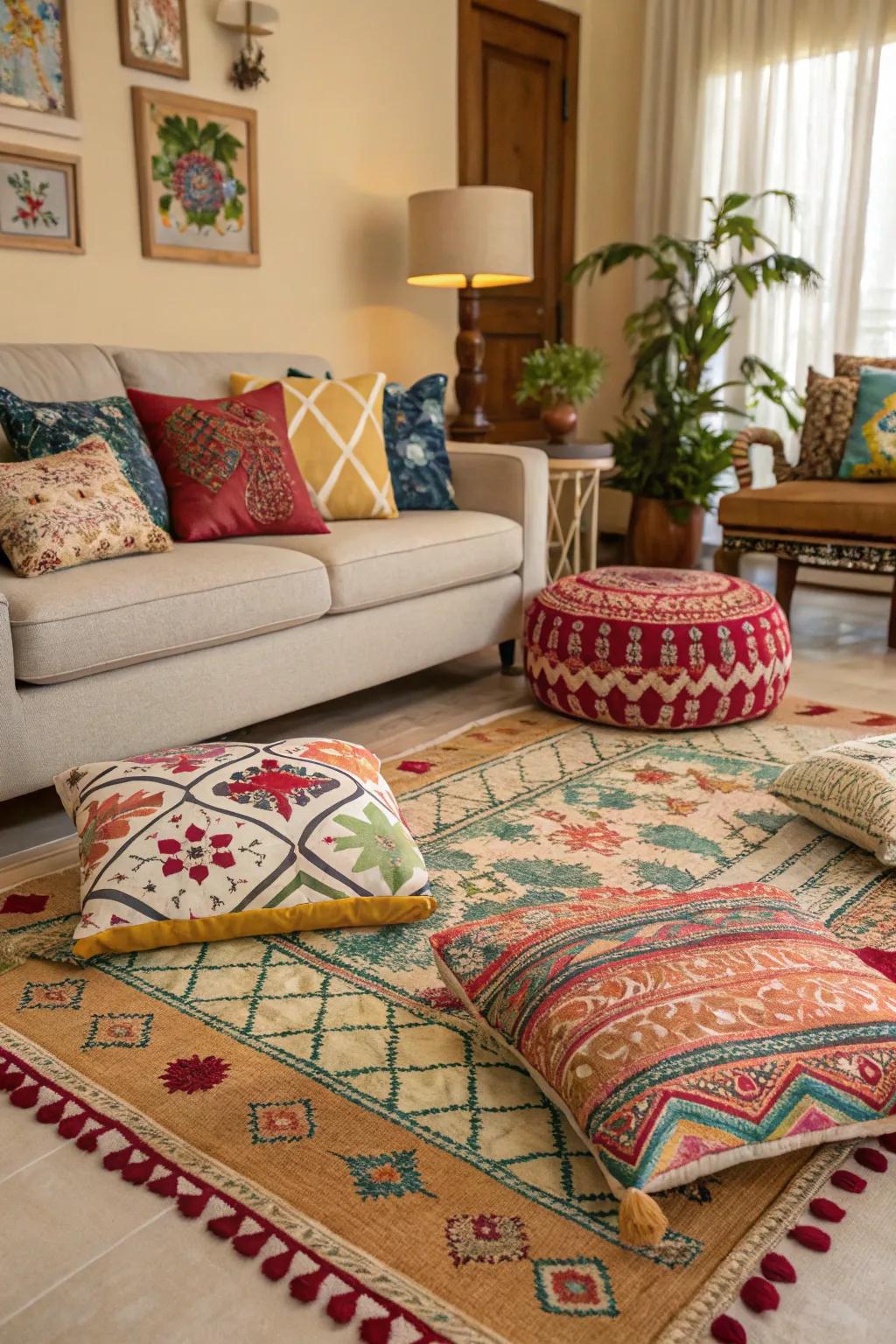 An interplay of subdued patterns enlivens and enhances a neutral living space.