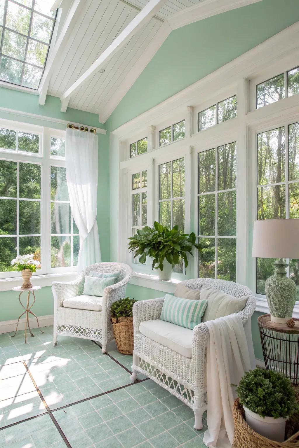 Sunroom with delicate teal walls, filled with a fresh and invigorating sensation.