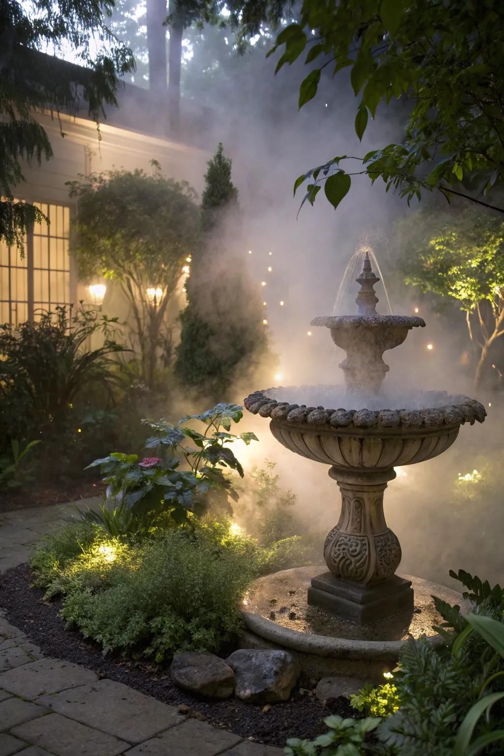 A mist fountain fashions a dreamy outdoor area atmosphere.