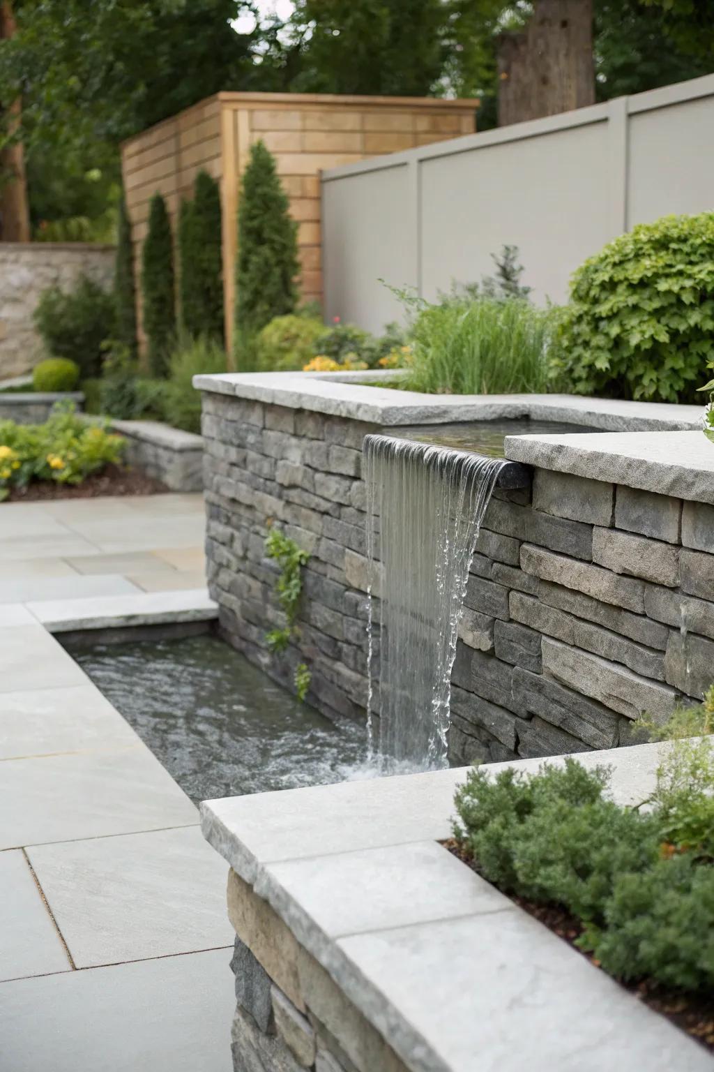 A sleek garden water feature featuring a minimalist rock wall design.