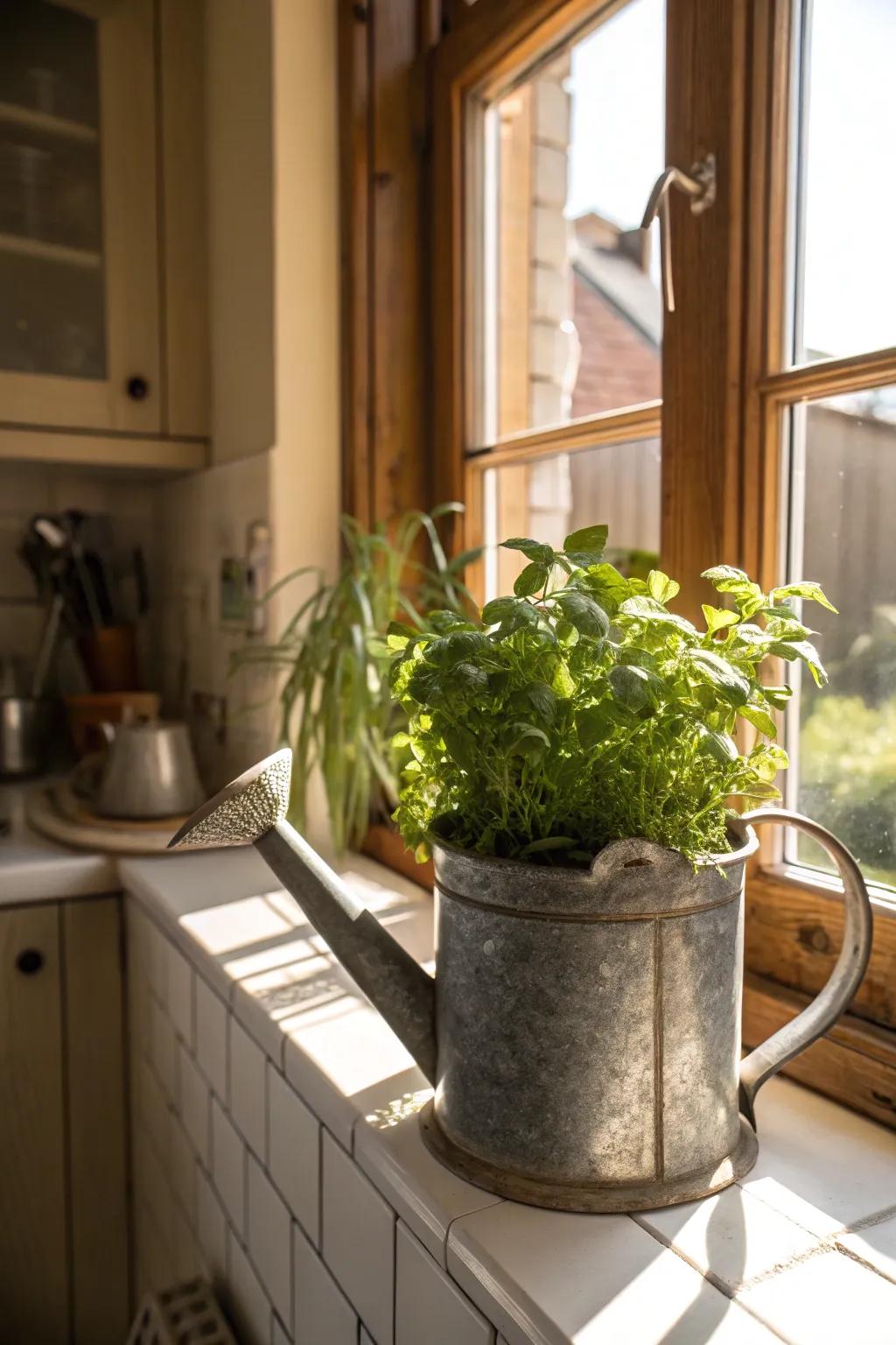 A kitchen sill flavoring garden utilizing a sprinkler.