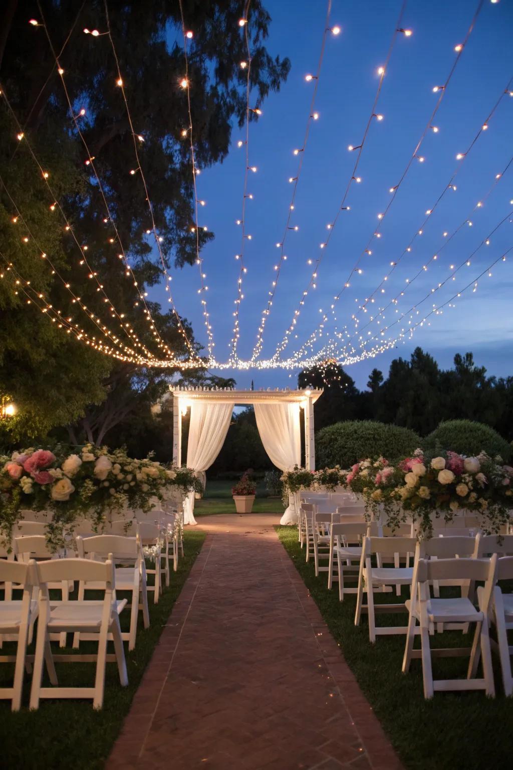 A magical fairy light canopy creates a dreamy ambiance.