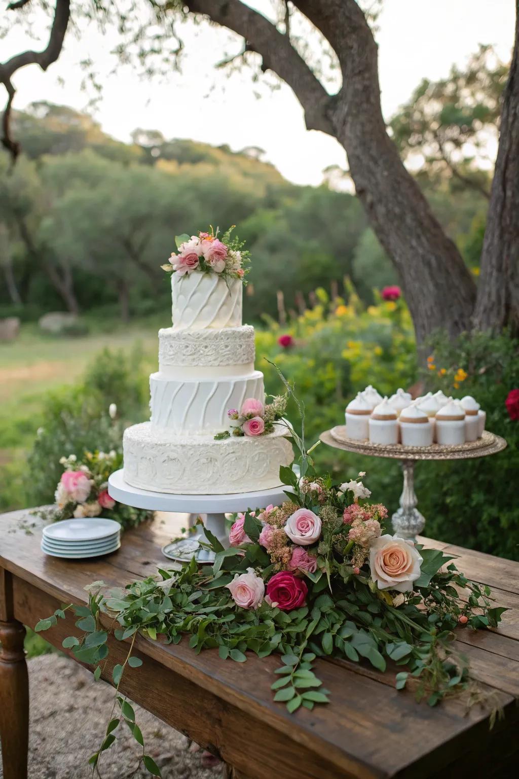 A wedding cake beautifully set against a natural stage.