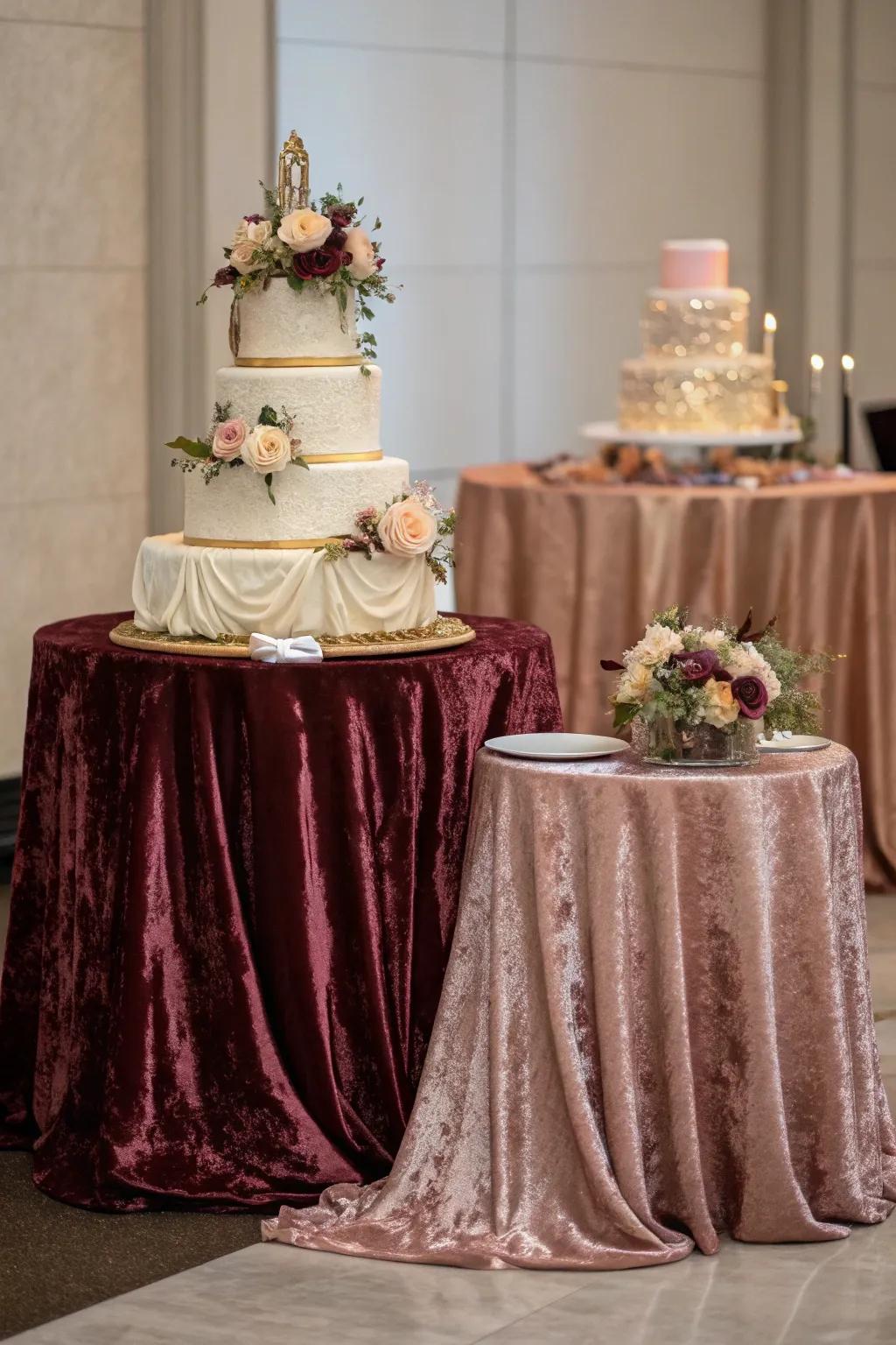 Luxurious textures enhance the cake table's appeal.
