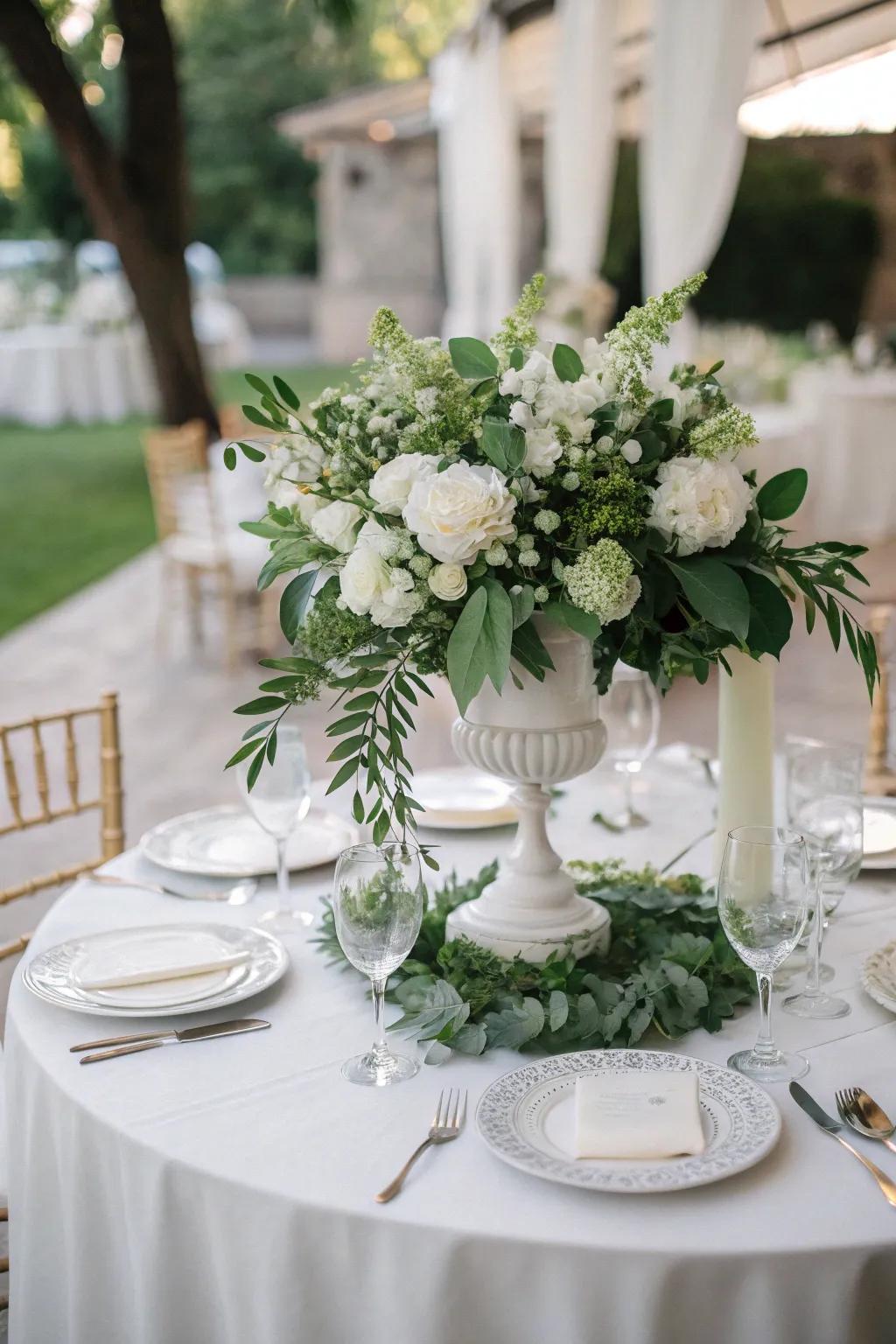 A classic white and green centerpiece exuding timeless elegance.