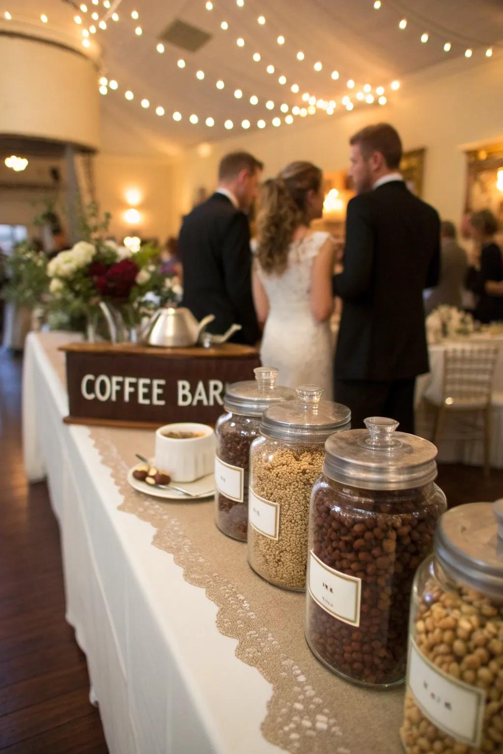 Custom coffee compositions at a wedding coffee corner.