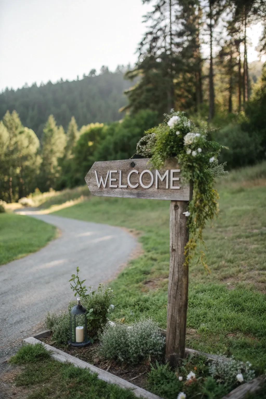 An eco-conscious greeting board crafted from reclaimed wood, perfect for a sustainable wedding.