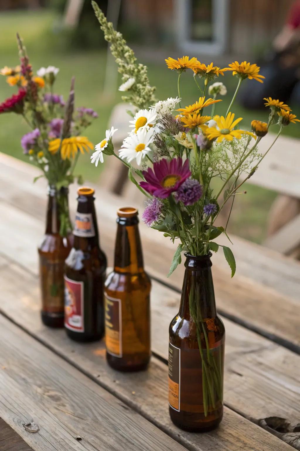 Ale bottles repurposed into vases contribute a laid-back and inventive accent onto your table.