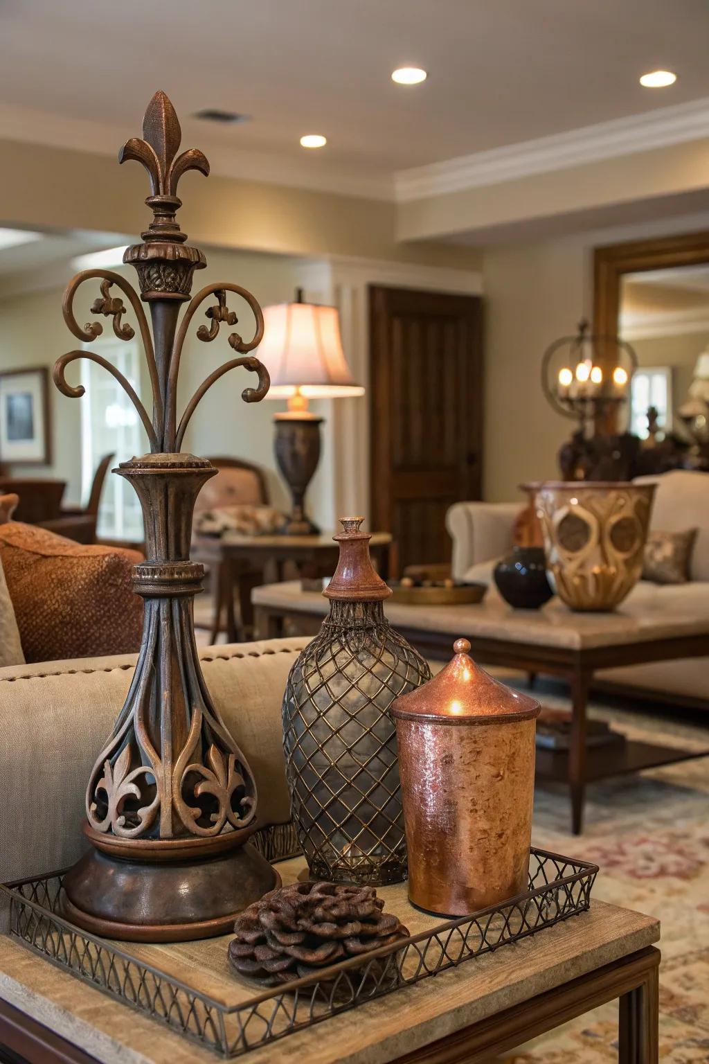Metal accents provide a sleek contrast to country-style components.