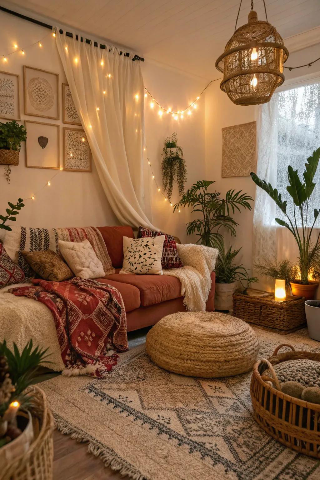 A cozy boho living room with an inviting ambiance.