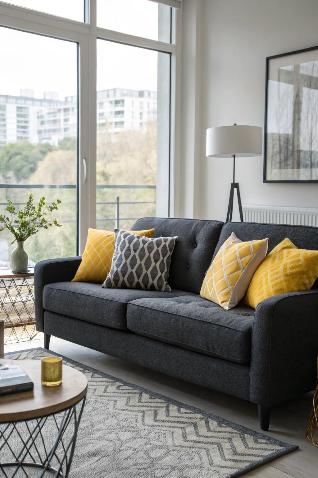 Saffron and grey pillows create a cheerful and modern vibe.