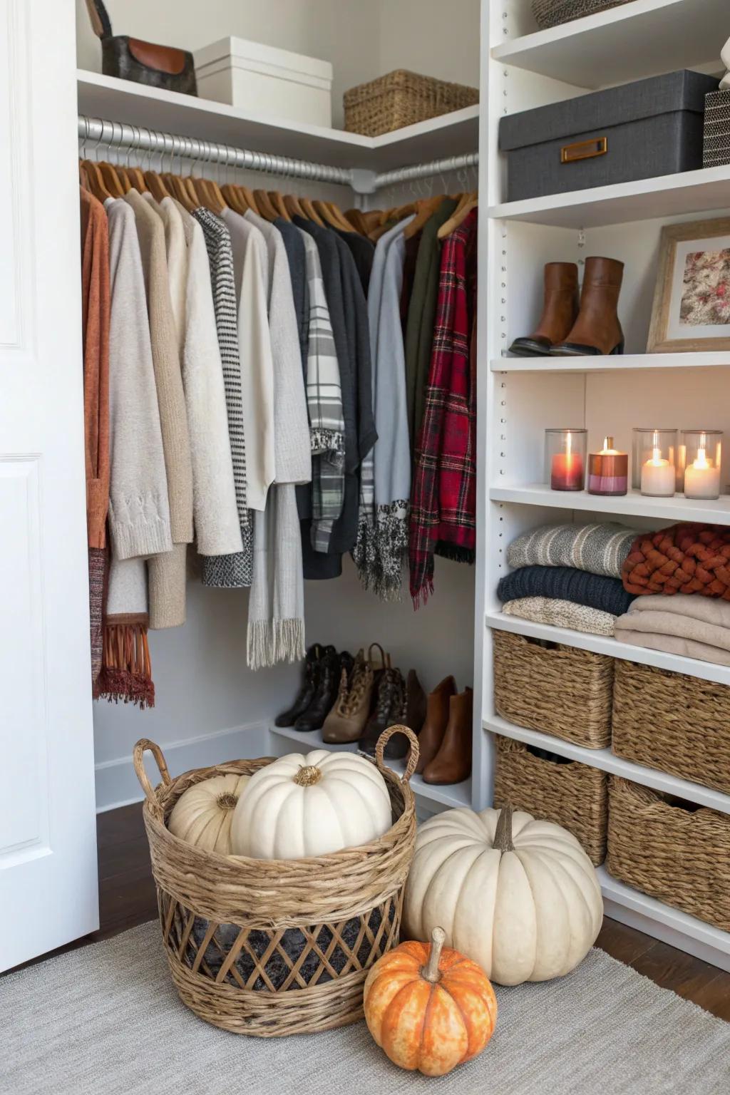 Using a basket for holiday decorations streamlines storage and simplifies seasonal transitions.