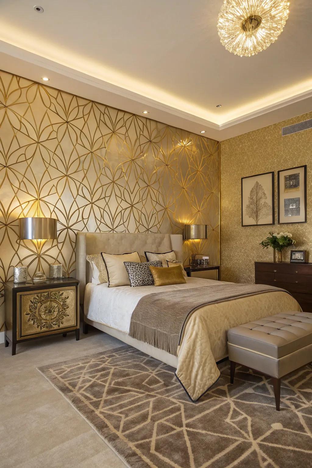 Golden geometric patterns add modern sophistication.