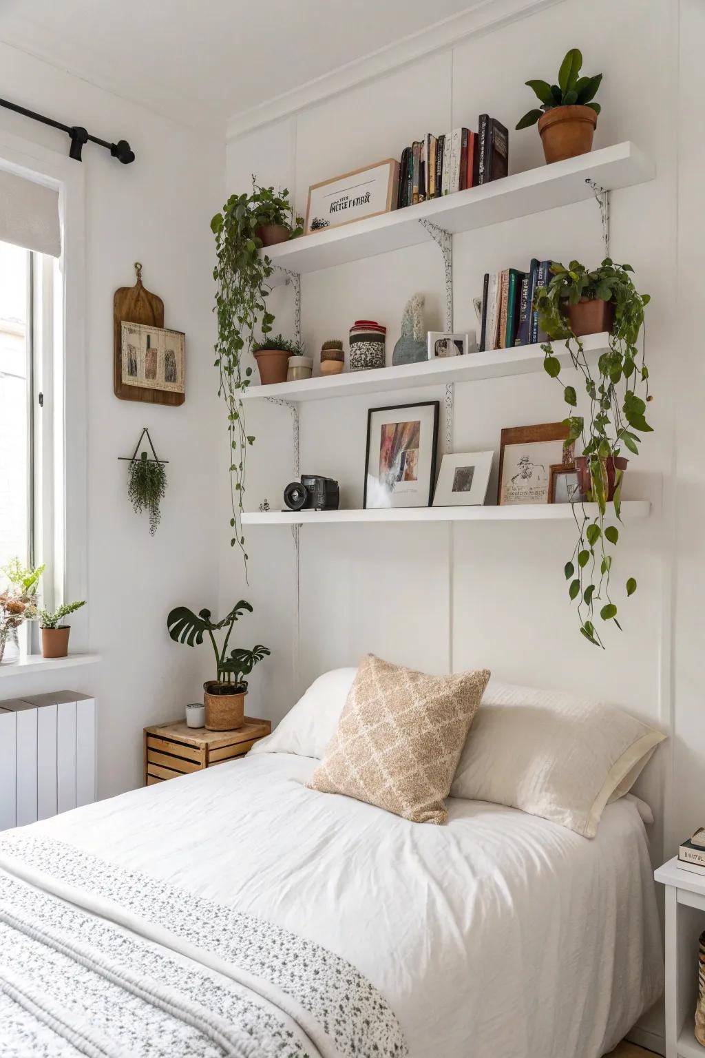 Floating shelves contribute function and style to a white bedroom.