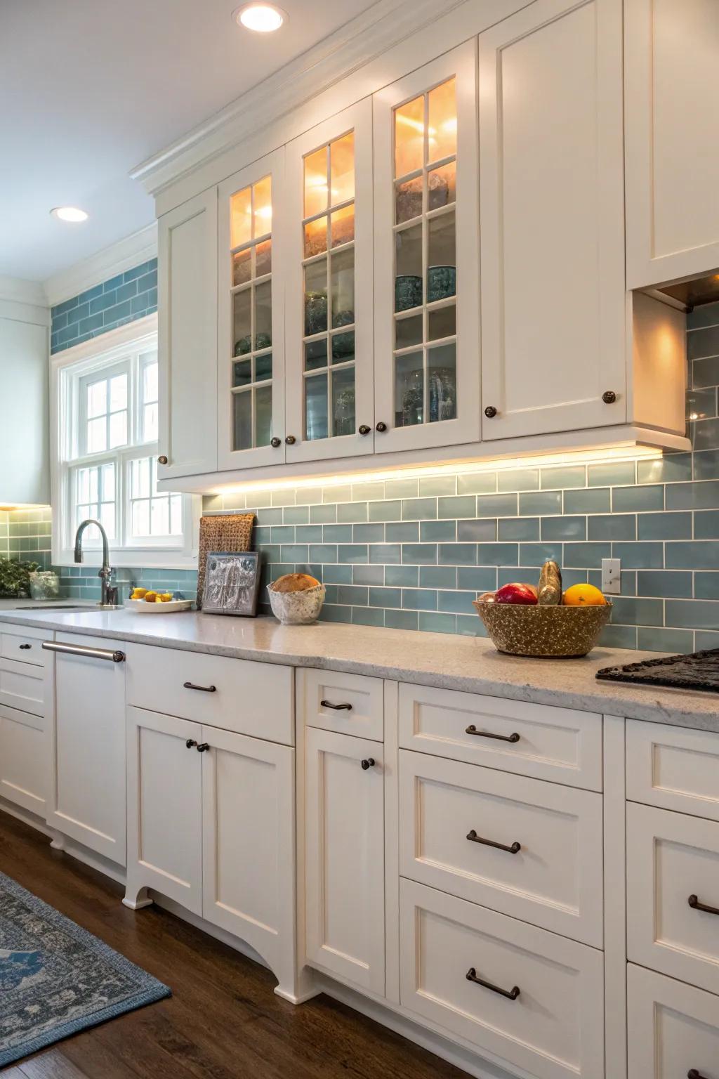 Azure brick tiles bringing tranquility to a white cabinet cooking area.