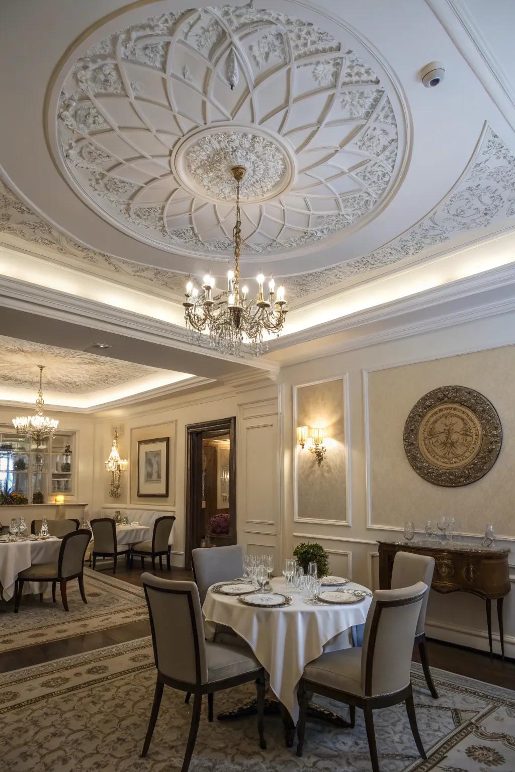 An elegant dining room with a white ceiling and decorative medallion enhancing its charm.