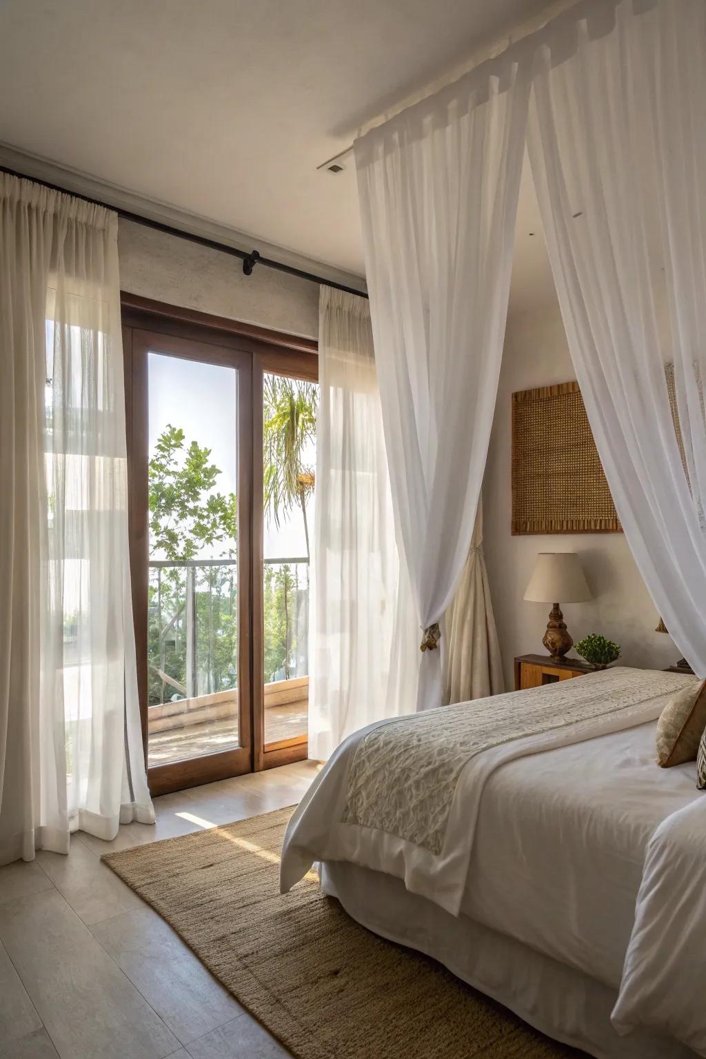 Lined white curtains offer privacy and style in this bedroom.